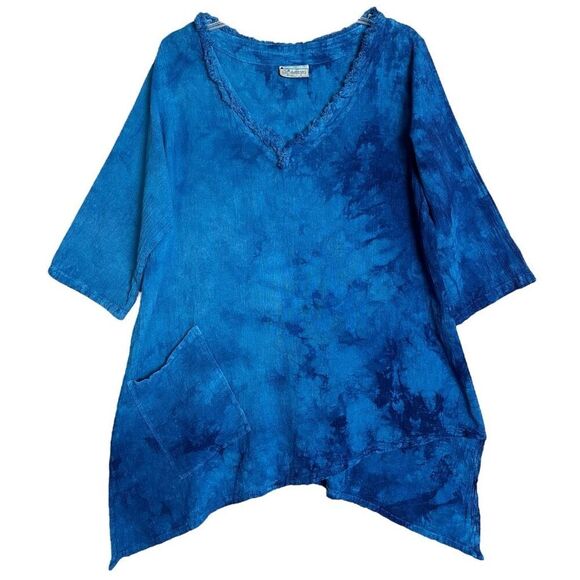 Cottonways Gauze Asymmetric Tunic Top Small Medium Lagenlook Artsy Fringe Pocket - Picture 1 of 12